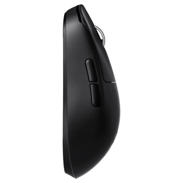Zwarte draadloze gaming muis met symmetrisch ontwerp, 8K Hz PAW3950 sensor, geschikt voor competitief gamen en precisiecontrole.