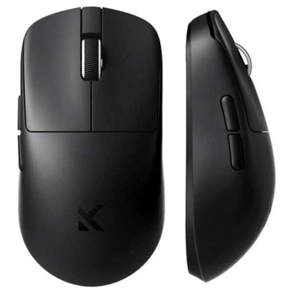Zwarte draadloze gaming muis met 8K Hz PAW3950 sensor, symmetrisch ontwerp, geschikt voor competitief gamen, met ergonomische vorm en instelbare knoppen.