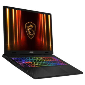 MSI Crosshair 16 HX gaming laptop met kleurrijk verlichte toetsenbord en high-performance specificaties, ideaal voor gaming en creatieve professionals.