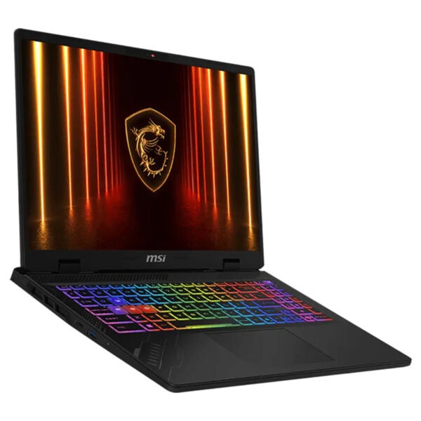 MSI Crosshair 16 HX gaming laptop met kleurrijk verlichte toetsenbord en high-performance specificaties, ideaal voor gaming en creatieve professionals.