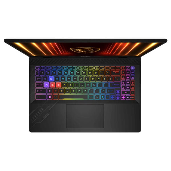 MSI Crosshair 16 HX gaming laptop met kleurrijk verlichte toetsenbord en high-performance specificaties voor gaming en creatief gebruik.