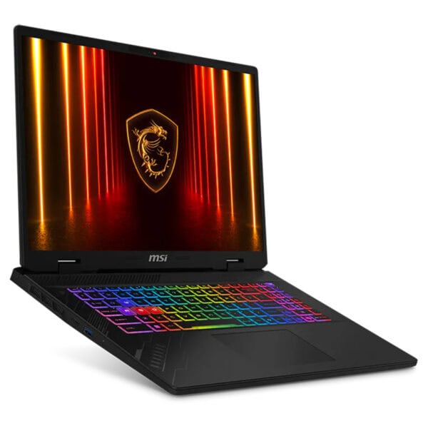 MSI Crosshair 17 HX gaming laptop met kleurrijk verlichte toetsenbord en high-performance specificaties, ideaal voor gaming en creatieve professionals.