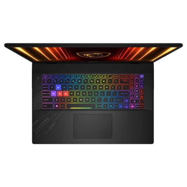 Gaming laptop met RGB-verlichte toetsenbord en 17-inch QHD+ scherm, ideaal voor gamers en high-performance gebruik.