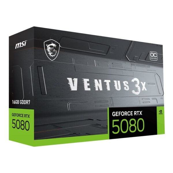 GeForce RTX 5080 Ventus 3X OC grafische kaart met 16GB GDDR7 geheugen, ontworpen voor gaming en high-performance graphics, compatibel met DLSS 4 voor optimale beeldkwaliteit en snelheid.