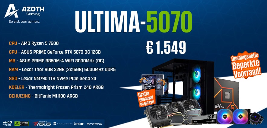 Azoth Gaming Ultima-5070 Gaming PC Hoogwaardige gaming PC Azoth Gaming Ultima-5070 met AMD Ryzen 5 7600, ASUS GeForce RTX 5070, 32GB RAM en snelle SSD, ideaal voor gamers en content creators.
