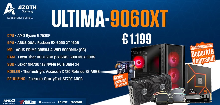 Azoth Gaming Ultima-9060XT Gaming PC High-performance Azoth Gaming Ultima-9060XT gaming desktop with AMD Ryzen CPU, ASUS Radeon graphics, 32GB RAM, SSD, and cooling system, ideal for gamers.
