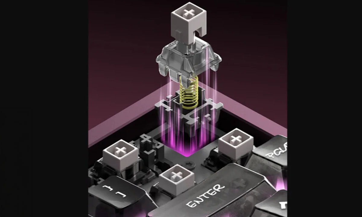 Close-up van een mechanische gamingtoetsenbord switch met magnetische Omega switch technologie, Hall Effect, RGB-verlichting en hot-swap functionaliteit voor optimale gamingprestaties.