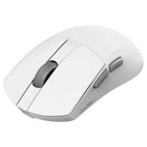 Wit DAREU A950 WING gaming muis met draadloze connectie, 8K Hz polling rate en AIM-750U sensor, ideaal voor competitief gamen en precisie.