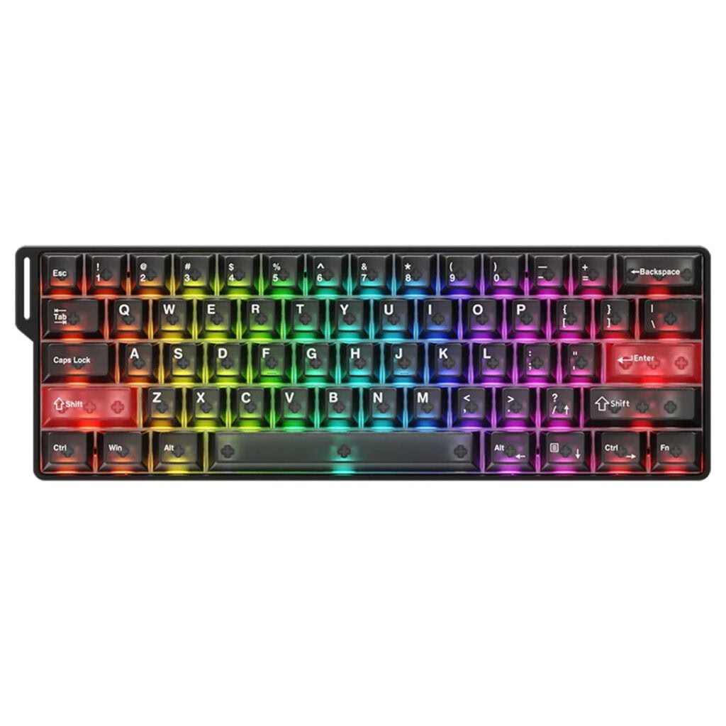 DAREU COOL 60 RGB gaming toetsenbord met zwarte clear behuizing, 60% compact ontwerp, magnetische switches, 8K Hz Hall Effect, Hotswap functies en kleurrijke RGB-verlichting.