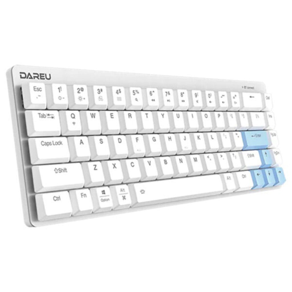 Wit DAREU EK868 65% mechanisch gaming toetsenbord met bruine switches, laag profiel, Bluetooth connectie, compact ontwerp, ideaal voor gaming en typen.