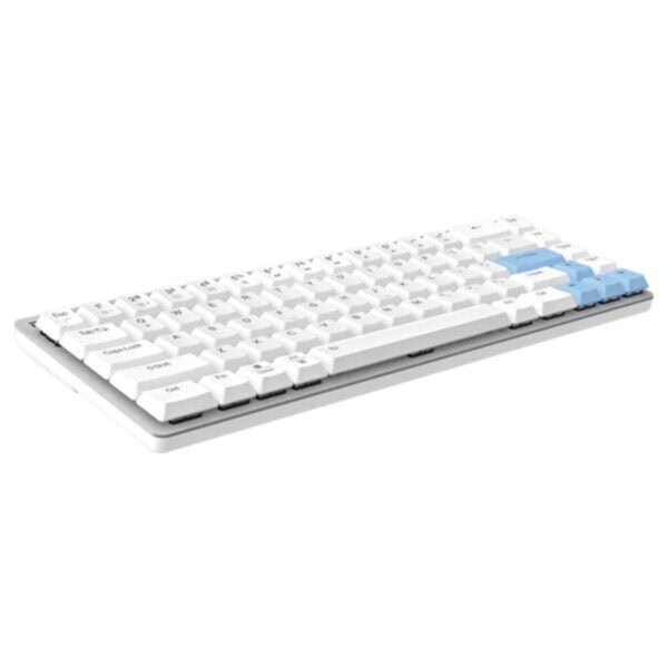 Compact wit mechanisch gaming toetsenbord met blauwe en bruine switches, 65% layout, Bluetooth connectie, ideaal voor gaming en productiviteit.