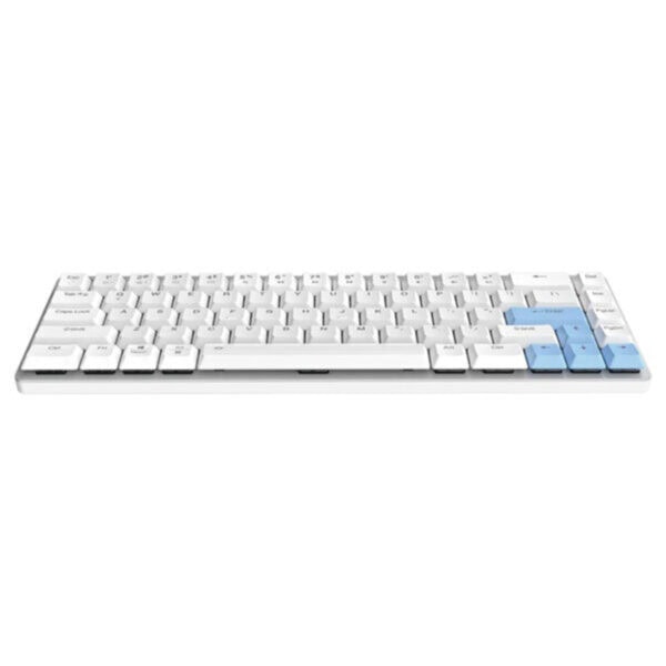 Compact wit mechanisch gaming toetsenbord met blauwe toetsen, 65% layout, low-profile switches, Bluetooth connectiviteit, ideaal voor gaming en productiviteit.