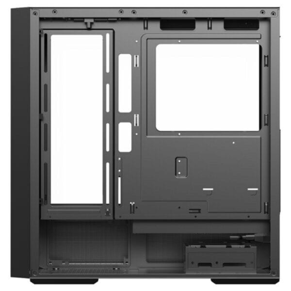 Gaming PC-behuizing met zijpaneel, ventilatieopeningen en ruimte voor meerdere ventilatoren, ideaal voor high-performance gaming systemen en modding.
