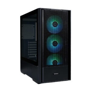 Mid tower gaming behuizing met drie ARGB ventilatoren, gehard glas zijpaneel en USB 3.2 aansluiting, ideaal voor krachtige gaming systemen.