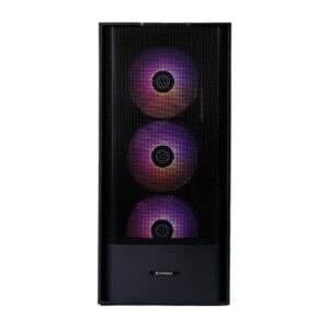 Drie ARGB ventilatoren in een zwart mesh behuizing, ideaal voor gaming PC's met optimale koeling en stijlvolle verlichting.