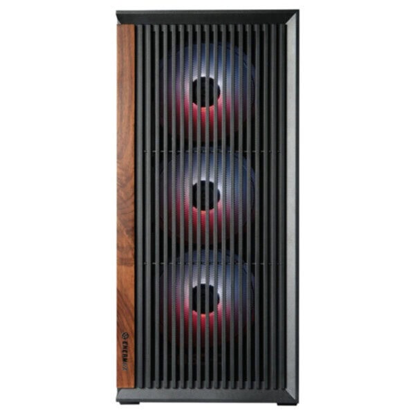 Enermax K3 AIR mid tower gaming behuizing met drie ARGB-verlichte ventilatoren en houten zijpaneel, geschikt voor krachtige gaming PC's en optimale koeling.