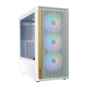 Wit gaming behuizing met drie ARGB-ventilatoren en houten accent, geschikt voor high-performance gaming PC's.
