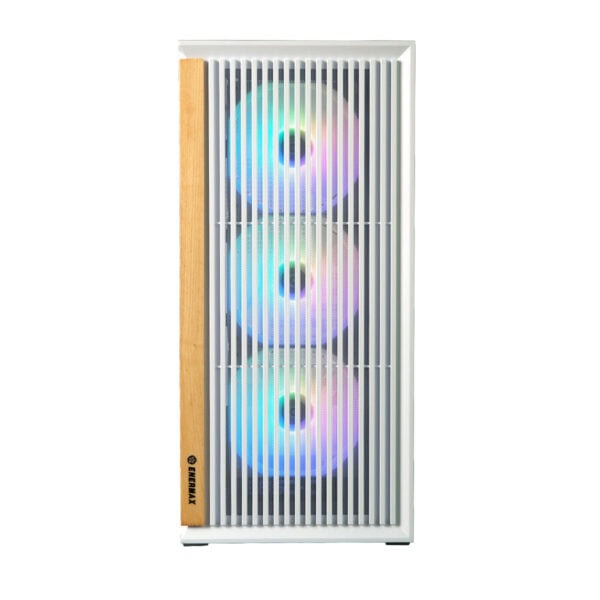 Drie ARGB ventilatoren in een witte Enermax K3A AIR behuizing met mesh voor optimale airflow en esthetiek, perfect voor gaming PC's.