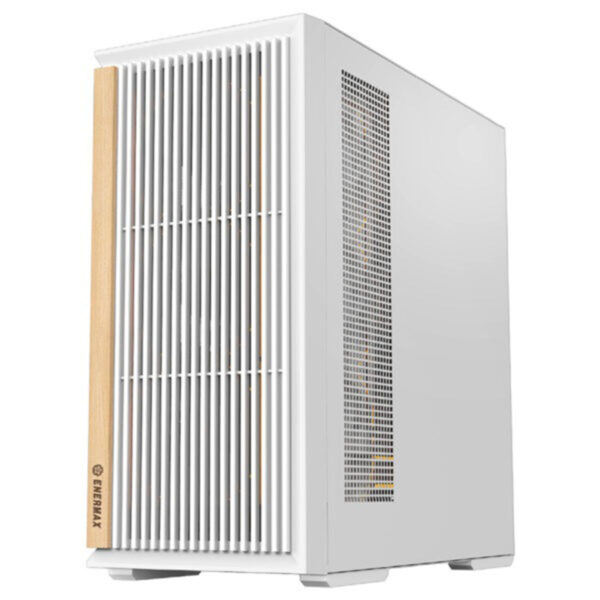 Wit Enermax K3A AIR mid tower gaming behuizing met ventilatiegordijnen en USB 3.2, geschikt voor krachtige gaming PC's en optimale koeling.