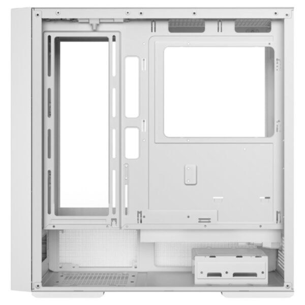 Wit gaming PC-behuizing met ruimte voor meerdere ventilatoren, USB 3.2-poorten en gehard glas voor een stijlvolle en functionele opstelling.