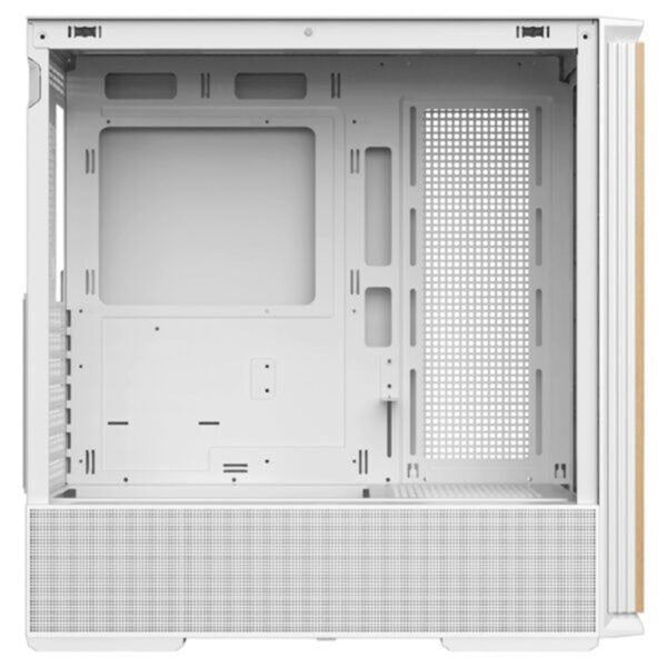 Wit mid-tower ATX gaming behuizing met mesh voor optimale airflow, geschikt voor krachtige componenten en waterkoeling, inclusief USB 3.2 en ruimte voor grote grafische kaarten.