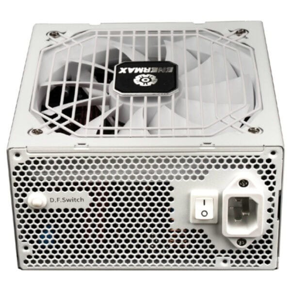 Wit Enermax Platimax II 1200DF voeding met ventilator en netstroomaansluiting, geschikt voor high-performance pc's en gaming systemen.
