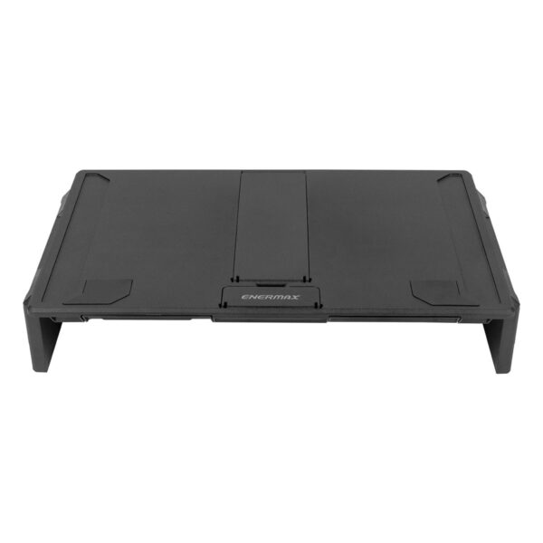 Opvouwbare Enermax TANKSTAND-DF monitor- en laptopstandaard, geschikt voor ergonomisch werken en het verbeteren van de werkplek.