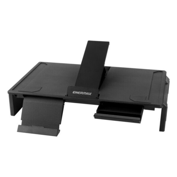 Multifunctionele Enermax TANKSTAND-DF voor monitor en laptop, inklapbaar en verstelbaar, ideaal voor ergonomisch werken en gaming setups.