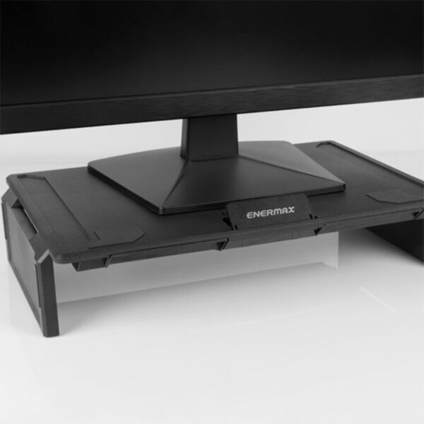 Dubbel functionele, opvouwbare monitor- en laptopstandaard van Enermax, ontworpen voor optimale ergonomie en gebruiksgemak.