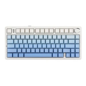 Mechanisch gaming toetsenbord met blauwe keycaps, draadloos, hot-swappable switches en RGB-verlichting, perfect voor gamers en techliefhebbers.