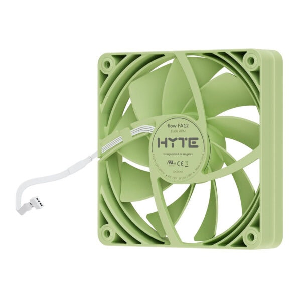 Groen HYTE FA12 120mm ventilator voor pc-behuizingen, ontworpen voor optimale koeling en stil gebruik, met witte kabel en luchtstroomoptimalisatie.