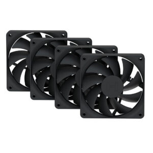 Set van vier zwarte 120mm PC-behuizingsventilatoren, ideaal voor optimale koeling en luchtstroom in gaming- en computerbehuizingen.