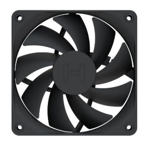Zwart 120mm ventilator voor pc-behuizingen, ideaal voor koeling en luchtstroom, compatibel met verschillende behuizingen en systemen.