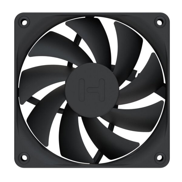 Zwart 120mm ventilator voor pc-behuizingen, ideaal voor koeling en luchtstroom, compatibel met verschillende behuizingen en systemen.