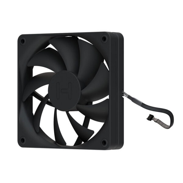 Zwarte HYTE FA12 120mm behuizingsventilator met vier ventilatorbladen en kabel voor PC-behuizingen, ideaal voor optimale koeling en stille werking.