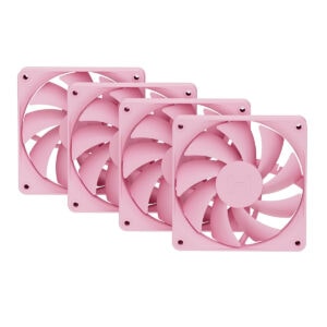 Drie roze HYTE FA12 Strawberry Milk 120mm ventilatoren voor pc-behuizingen, ideaal voor optimale koeling en stijlvolle gaming setups.