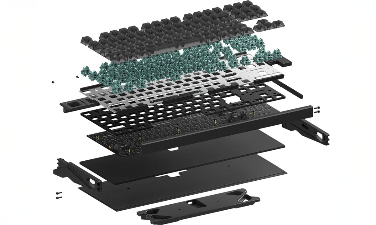 Uitgevoerd in een exploded view, toont dit mechanische gaming toetsenbord met RGB-verlichting, magnetische switches en hall-effect technologie, ideaal voor gamers en tech-liefhebbers.