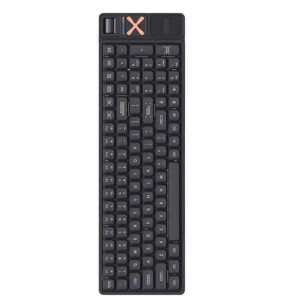 Compact mechanisch gaming toetsenbord met RGB-verlichting, draadloos ontwerp, zwarte afwerking, rode switches en hot-swap functies, ideaal voor gamers en professionals.