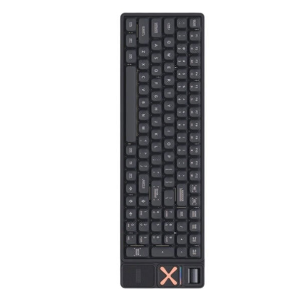 Compact mechanisch gaming toetsenbord met RGB-verlichting, draadloos, hot-swappable switches en zwart-gouden afwerking, ideaal voor gaming en productiviteit.