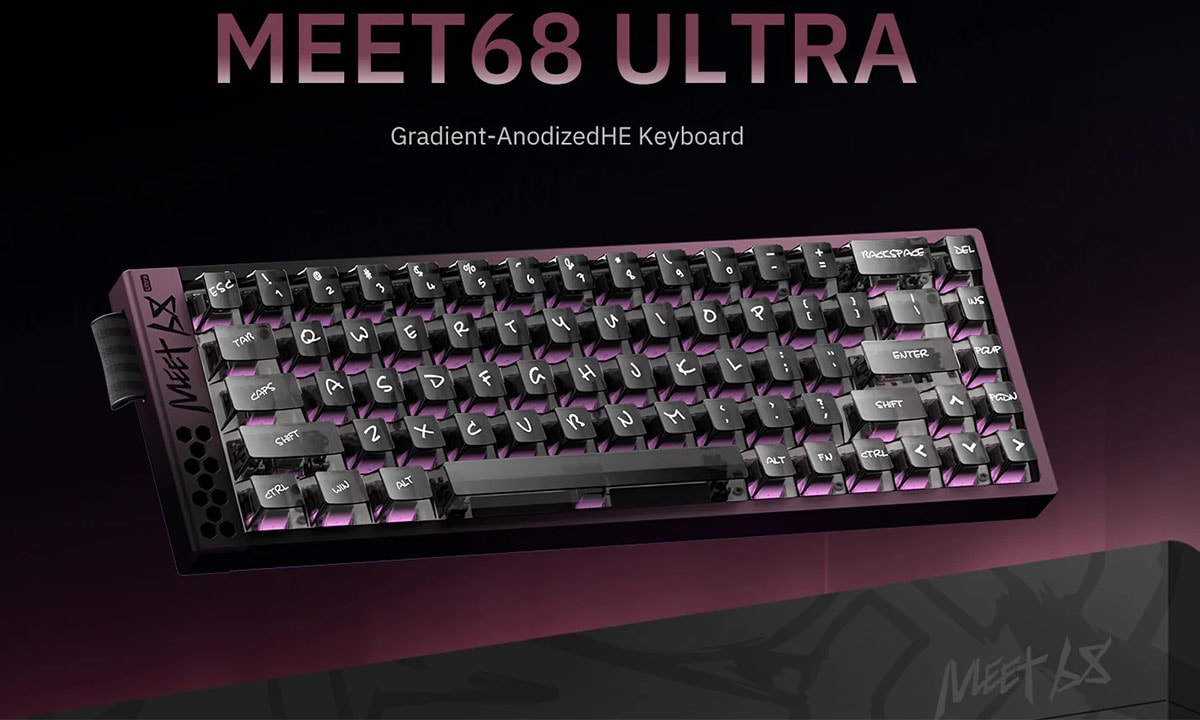 Hoogwaardig Meet68 Ultra Midnight Purple mechanisch gaming toetsenbord met RGB-verlichting, magnetische switches, hall effect technologie en 65% layout voor optimale gaming prestaties.