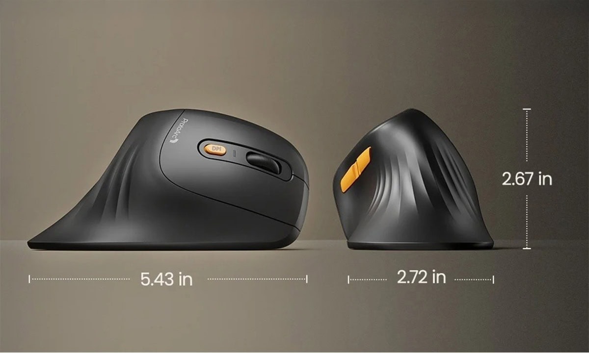 Draadloze ergonomische verticale muis in wit en goud, ontworpen voor comfort en precisie, ideaal voor langdurig gebruik en verbeterde handpositie.