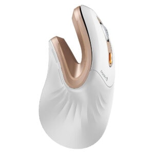 Draadloze ergonomische verticale muis in wit en goud, ontworpen voor comfort en precisie, ideaal voor langdurig gebruik en gaming.