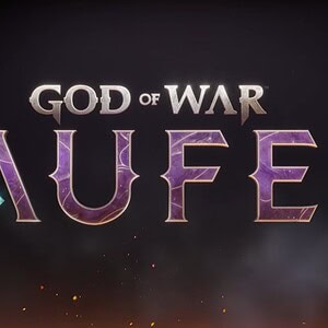 Logo van God of War Laufey met donkere achtergrond en vlammen, gericht op PlayStation 5 gamers en fans van de God of War-serie.