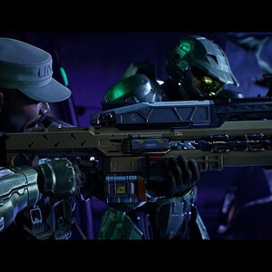 Sci-fi soldaten met futuristische wapens in een donkere, neon-verlichte setting, klaar voor gevecht, benadrukt gaming en futuristische technologie.