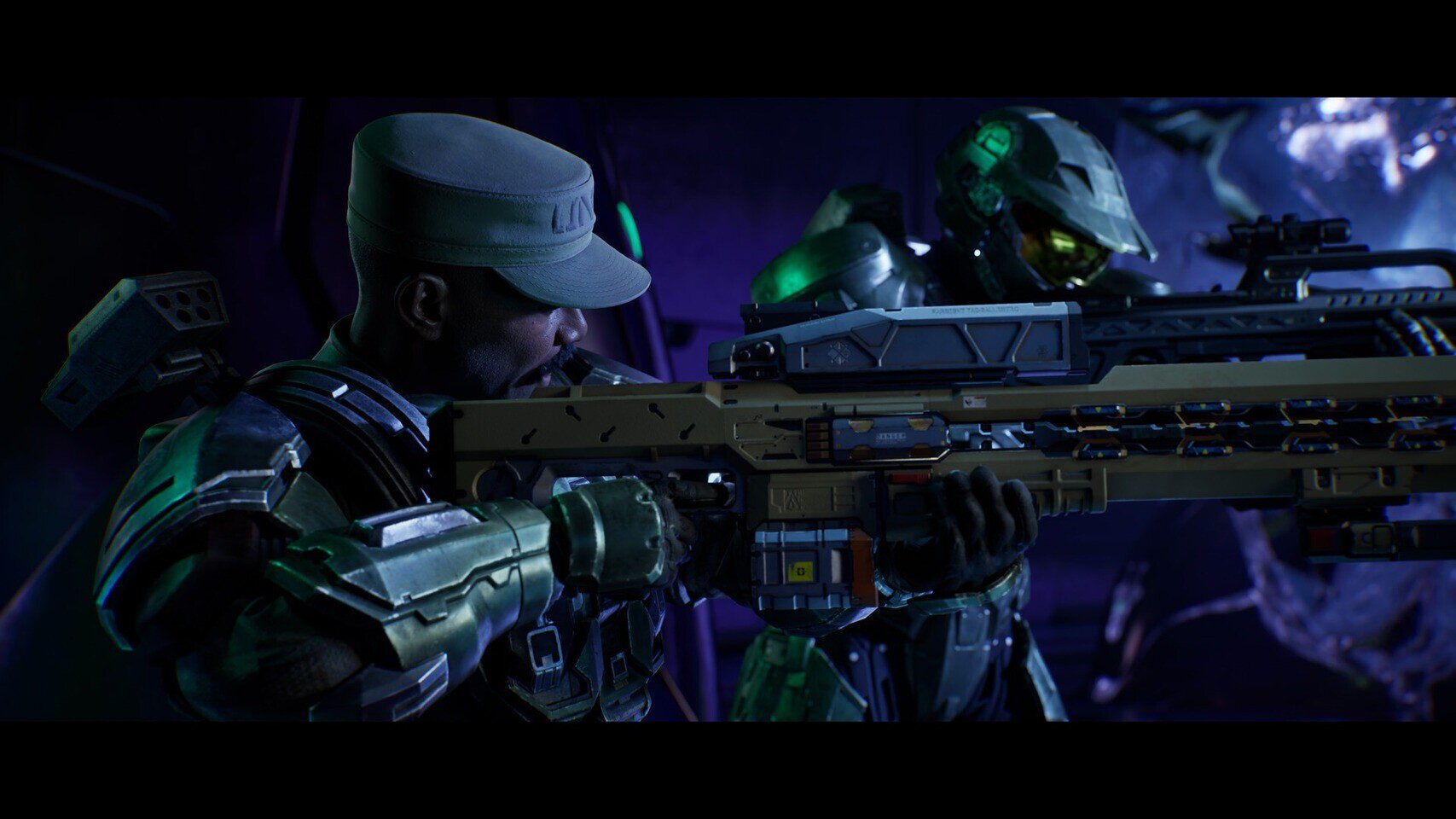Sci-fi soldaten met futuristische wapens in een donkere, neon-verlichte setting, klaar voor gevecht, benadrukt gaming en futuristische technologie.