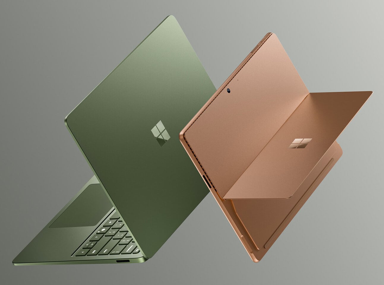 Twee nieuwe Surface apparaten, een in groen en een in rosé, met slanke ontwerpen en krachtige Snapdragon X2-processoren.