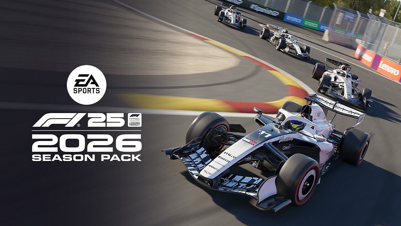Raceauto op circuit met F1 2026 seizoen pack logo.