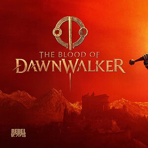 Duitse RPG 'The Blood of Dawnwalker' met een karakter in middeleeuwse armor en een zwaard, met een oranje zonsondergang op de achtergrond, geschikt voor gaming en PC-vereisten.