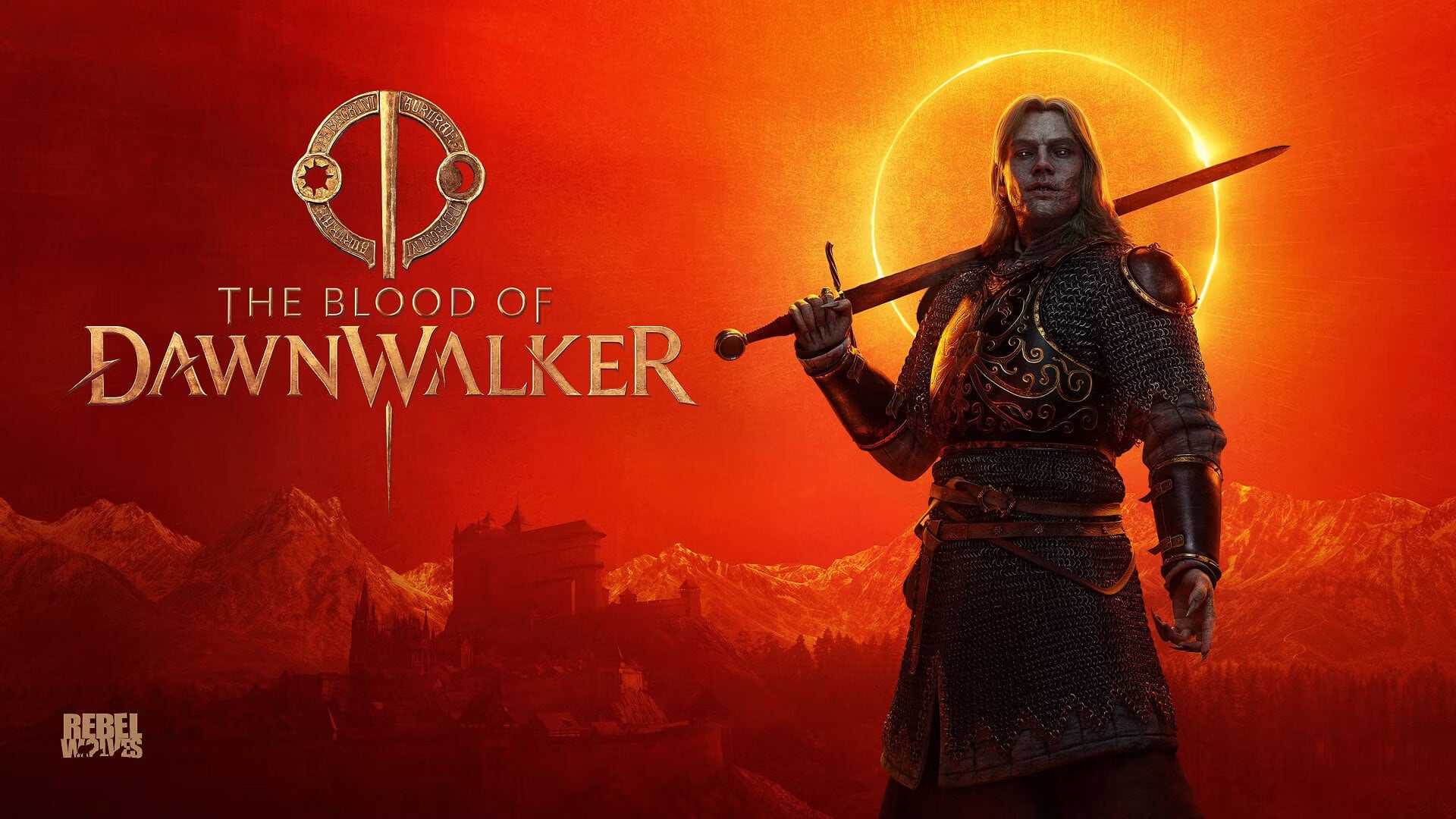 Duitse RPG 'The Blood of Dawnwalker' met een karakter in middeleeuwse armor en een zwaard, met een oranje zonsondergang op de achtergrond, geschikt voor gaming en PC-vereisten.