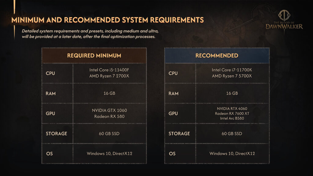 Minimum en aanbevolen systeemeisen voor Dawnwalker RPG, inclusief CPU, RAM, GPU, opslag en besturingssysteem.